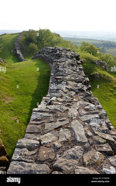 Section Of Hadrians Wall At Walltown Crags Northumberland Uk Stock