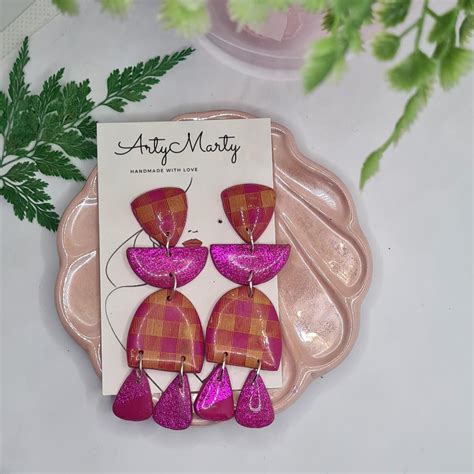 Pink And Yellow Gingham And Glitter Dangley Earrings Depop