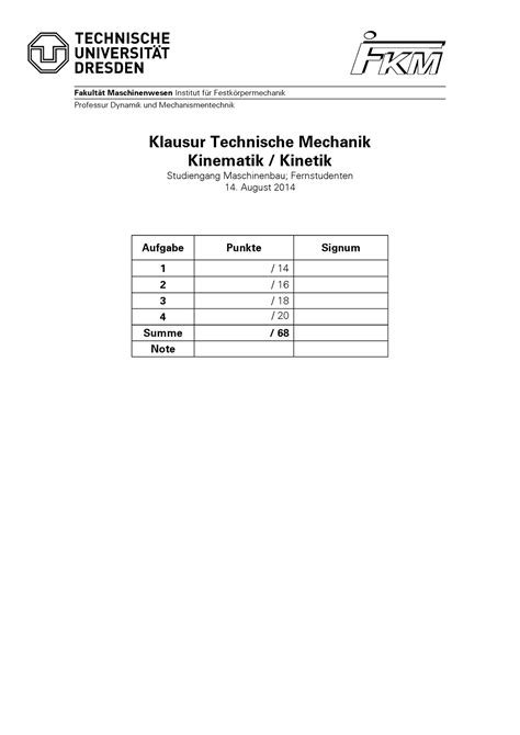 Kine alteklausuren alte Klausuren Fakultät Maschinenwesen Institut