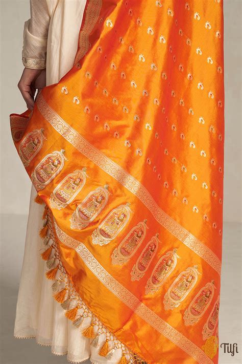 Red Orange Pure Katan Silk Banarasi Handloom Dupatta Tilfi