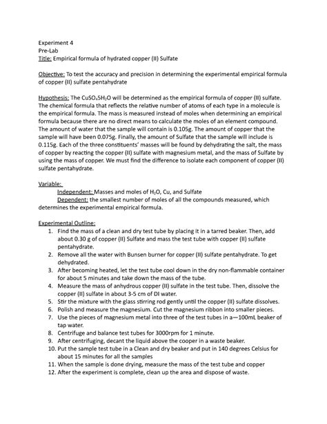 Experiment 4 Empirical Formula Of Hydrated Copper II Sulfate