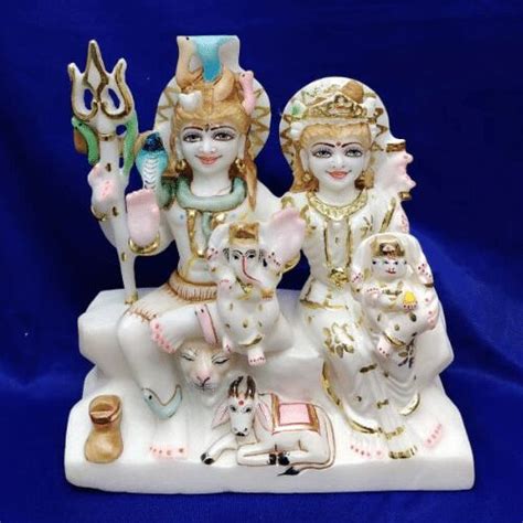 Multicolor Hand Painted Marble Shiva Parivar Statue For Home