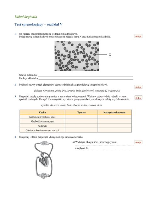 Biologia test 02 Układ krążenia Test sprawdzający rozdział V Na