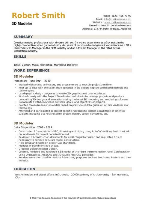 3D Modeler Resume Samples QwikResume