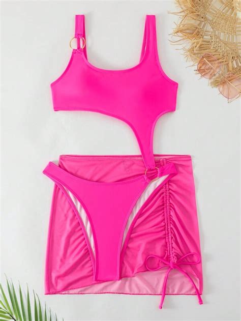 Shein Swim Bae Cut Out Ring Linked One Piece Swimsuit With Beach Skirt