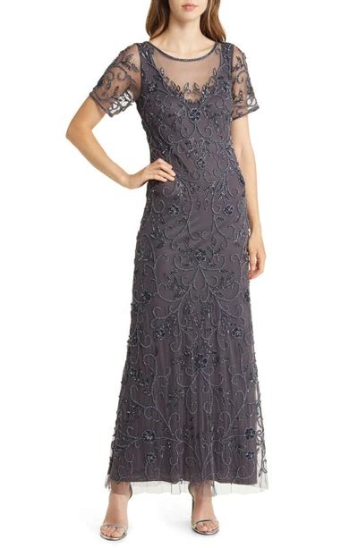 Pisarro Nights Floral Beaded Short Sleeve A Line Gown In Slate Modesens