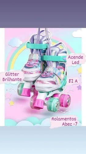 Patins Infantil 4 Rodas ARCO ÍRIS Luz De Led E Glitter