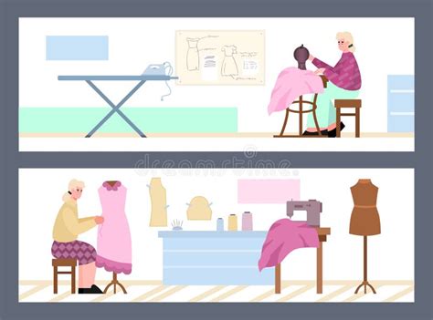 Set Of Home Pages Banners Woman Tailor Sews A Dress Vector Flat