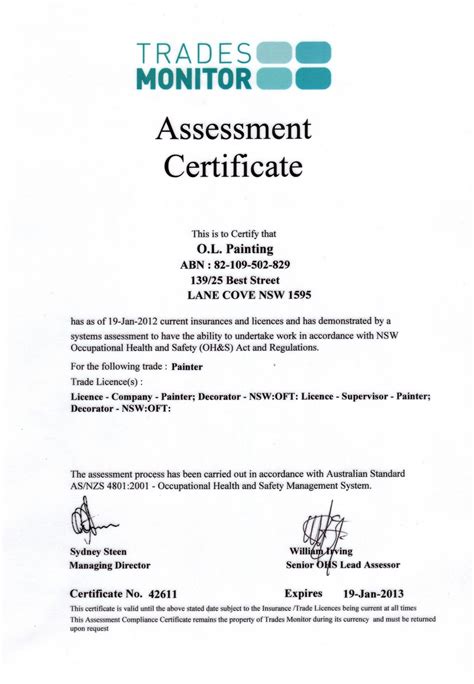 Ol Painting Annual Assessment And Safety Accredited Contractor Certificates