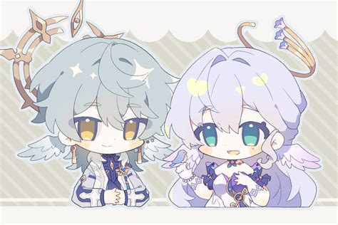 Safebooru 1boy 1girl Cropped Torso Green Eyes Grey Hair Halo Halo