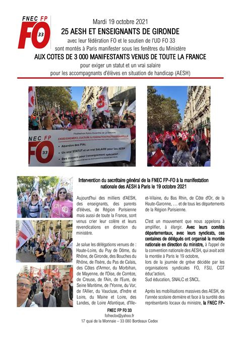 Retour Sur La Manifestation Nationale Des Aesh Paris Le Octobre