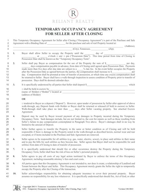 Temporary Occupancy Agreement Fill And Sign Printable