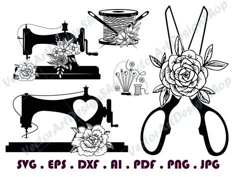 Floral Sewing Machine Svg 2 Sewing Silhouette Floral Etsy