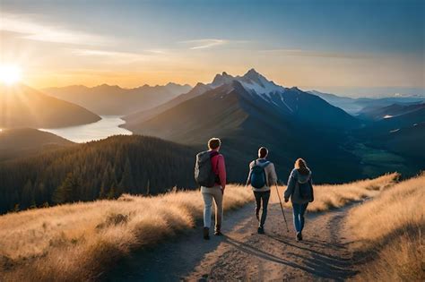 Tres personas caminando por un sendero con montañas al fondo Foto Premium