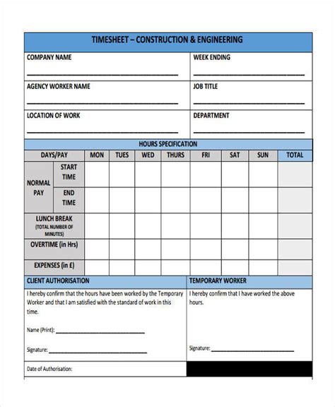 Construction Time Sheet Template