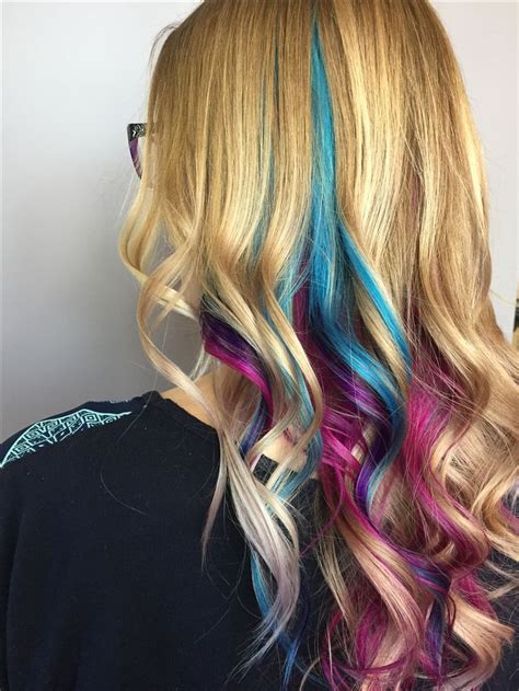 Pink Purple And Blue Teal Peekaboo Highlights Under Blonde Unicorn