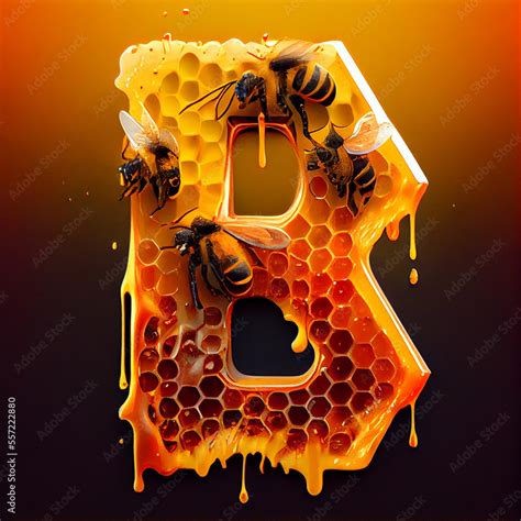 Honeycomb Letter B With Honey And Bees Generative Ai Stock