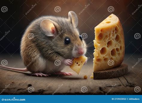 Cute Mouse Nibbling On Wedge Of Cheese With Its Tiny Paws And Whiskers