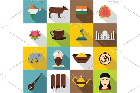 India Travel Icons Set Flat Style