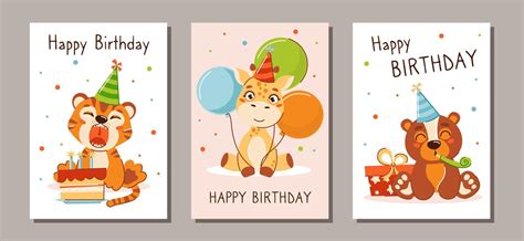 a set of children's greeting cards with cute animals. Birthday ...