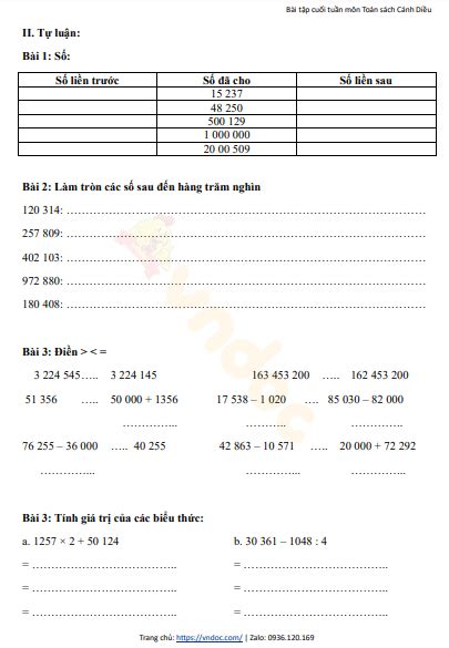 Phiếu bài tập cuối tuần lớp 4 môn Toán nâng cao Tuần 4 Cánh Diều Bài