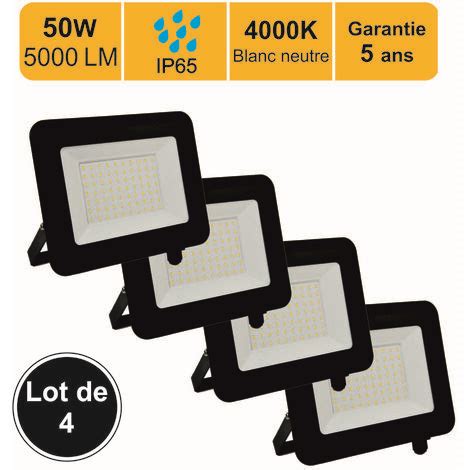 Lot 4 Projecteurs LED 50W 5000 LM 4000K IP65 Connexion En Direct