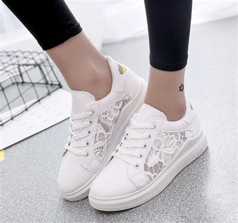 Womens White Lace Hollow Lace Up Mesh Shoes Casual Students Trainers