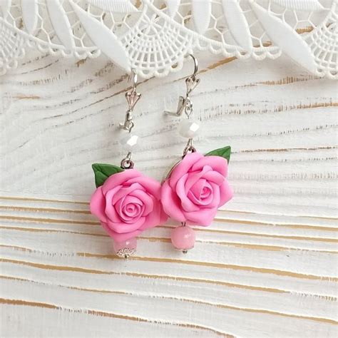 Pink Rose Earrings Polymer Clay Earrings Rose Earrings Floral Etsy