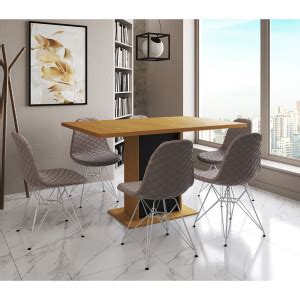 Mesa Jantar Londres Retangular Canela x Base Preta Cadeiras Estofadas Nude Médio Ferro Branco