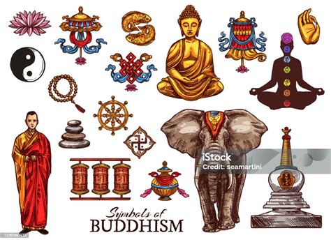 Buddhismus Religion Meditation Skizze Symbole Stock Vektor Art Und Mehr