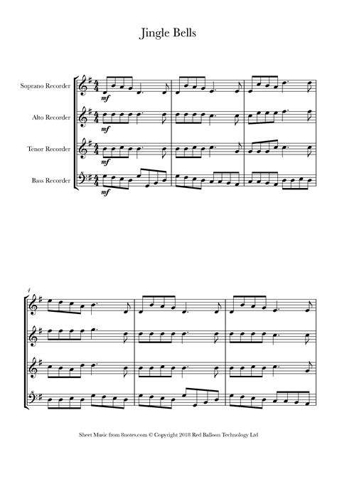 Jingle Bells Sheet Music For Recorder Quartet