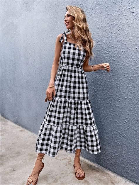 Black And White Casual Sleeveless Polyester Gingham Cami Embellished