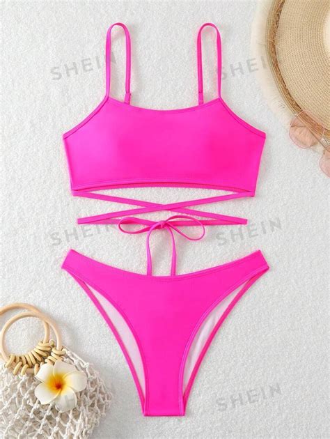 Shein Swim Basics Solid Color Spaghetti Strap Two Piece Swimsuit