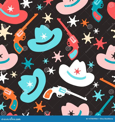 Seamless Pattern With Revolvers Cowboy Hats And Sheriff Stars Wild