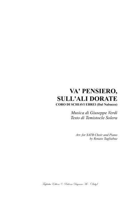 VA PENSIERO Verdi From Nabucco Arr For SATB Choir And Piano