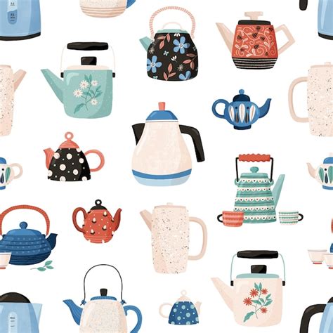 Premium Vector Seamless Pattern With Teapots And Cups Hand Drawn On