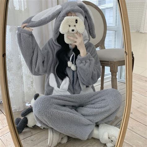 Mulheres Pijama Kigurumi Onesies Capuz Coelho Bonito Inverno Quente