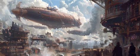 An Airship Docking Station In A Steampunk City With Massive Airships