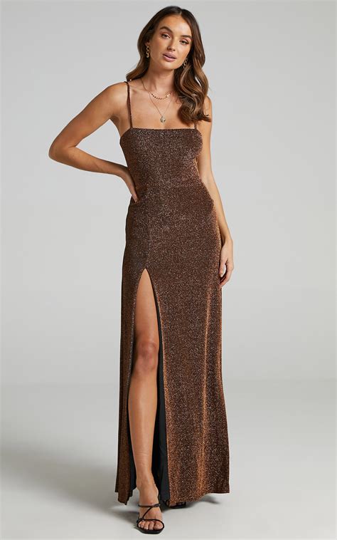 Rheannon Maxi Split Mesh Dress In Copper Lurex Showpo