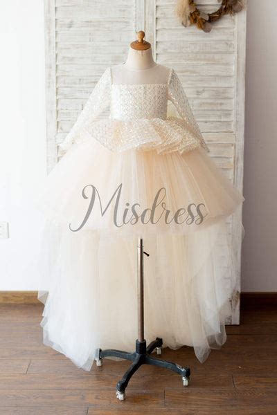 Hi Low Long Sleeves Champagne Sequin Tulle Wedding Flower Girl Dress