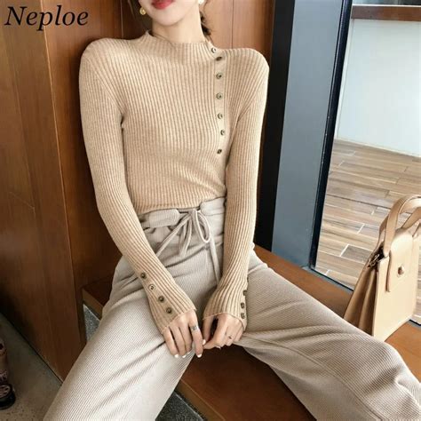 Neploe Fashion Button Design Women Sweaters Half Turtleneck Slim