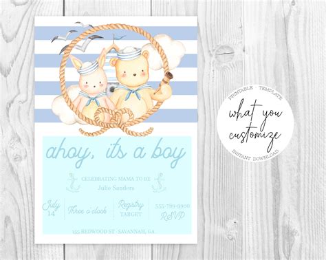 Ahoy It's A Boy Baby Shower Invitation Printable Template, Instant