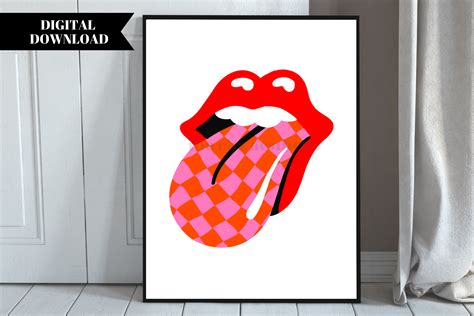 Rock N Roll Tongue Printable Wall Art Wavy Checkerboard Mouth Retro