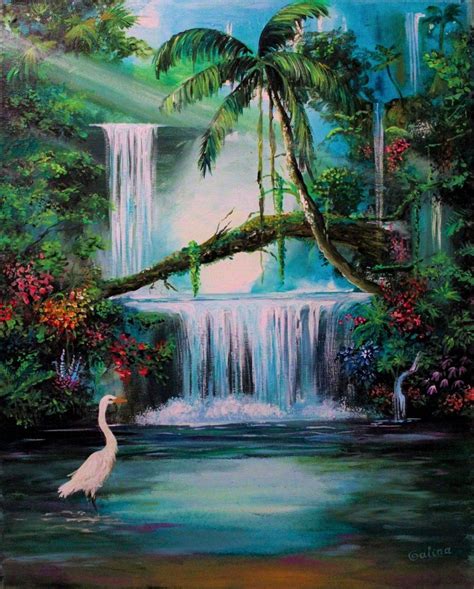 Misty Tropical Waterfall 2020 Acrylic Painting By Galina Victoria In