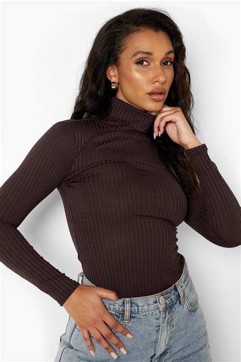 Rib Roll Neck Bodysuit Boohoo