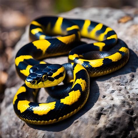 Colorida Serpiente Negra Y Amarilla Sentada En Una Roca AIGenerado