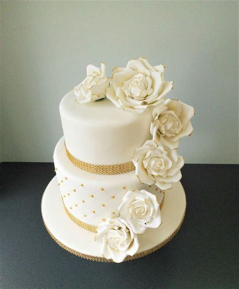 Golden Wedding Two Tier Cake With White And Gold Roses