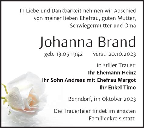 Traueranzeigen Von Johanna Brand Abschied Nehmen De