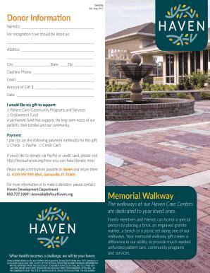 Fillable Online Memorial Walkway Donor Information Haven Hospice Fax