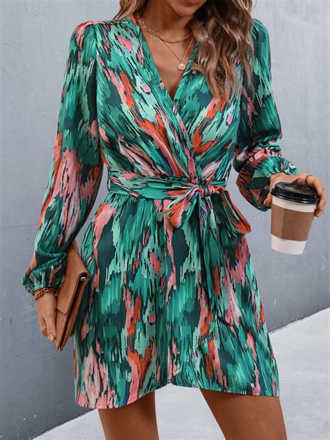 Allover Print Lantern Sleeve Belted Wrap Hem Dress SHEIN UK